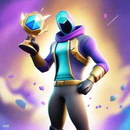 A high-quality digital art image showcasing a Fortnite character, donned in a unique skin, proudly holding a shiny trophy in hand