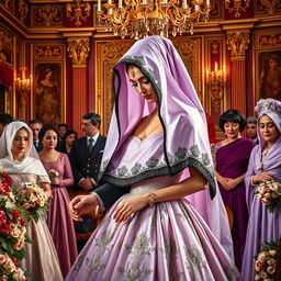 A royal wedding scene depicting the marriage of the Chechen prince to a beautiful woman