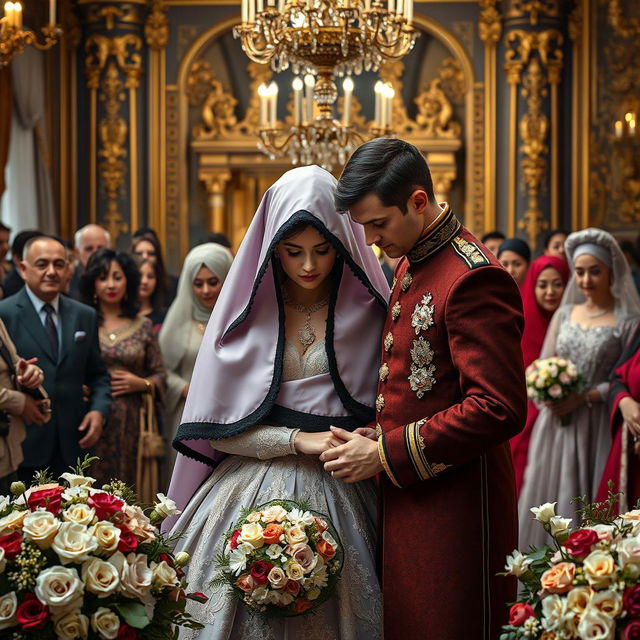 A royal wedding scene depicting the marriage of the Chechen prince to a beautiful woman