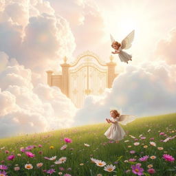 A serene, ethereal scene depicting a heavenly landscape filled with fluffy white clouds and soft pastel-colored skies