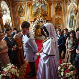 In a grand royal palace setting, capture the moment of the marriage contract between the son of the Chechen king and a beautiful bride