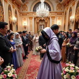 In a grand royal palace setting, capture the moment of the marriage contract between the son of the Chechen king and a beautiful bride