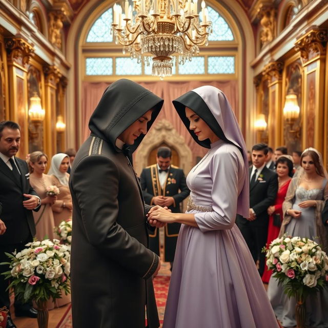 In a grand royal palace setting, capture the moment of the marriage contract between the son of the Chechen king and a beautiful bride