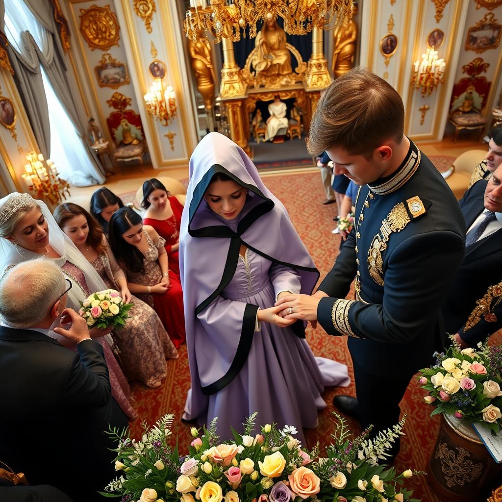 In a grand royal palace setting, capture the moment of the marriage contract between the son of the Chechen king and a beautiful bride