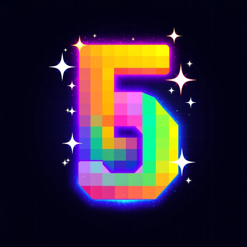 A vibrant and colorful pixel art depiction of the number 5, designed in a retro style reminiscent of classic video games