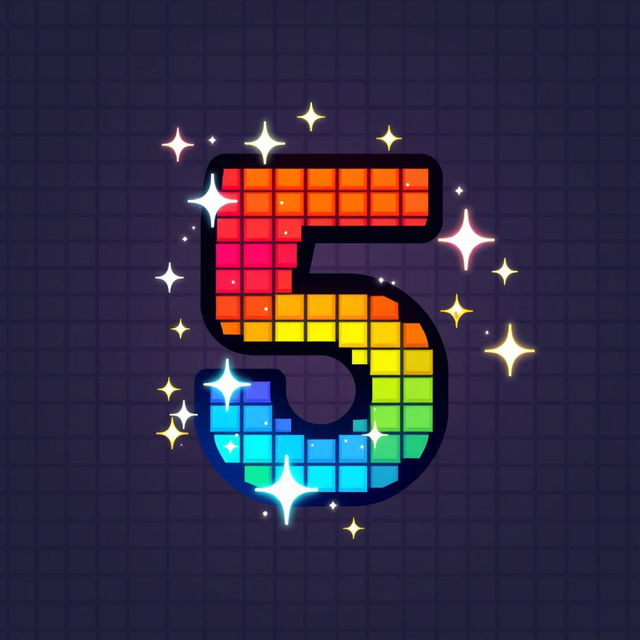 A vibrant and colorful pixel art depiction of the number 5, designed in a retro style reminiscent of classic video games