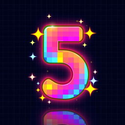 A vibrant and colorful pixel art depiction of the number 5, designed in a retro style reminiscent of classic video games