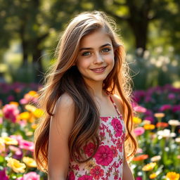 A beautiful 18-year-old brunette girl with long, flowing hair, standing outdoors in a sunlit garden filled with colorful blooming flowers