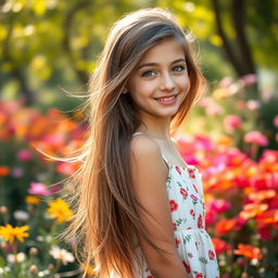 A beautiful 18-year-old brunette girl with long, flowing hair, standing outdoors in a sunlit garden filled with colorful blooming flowers