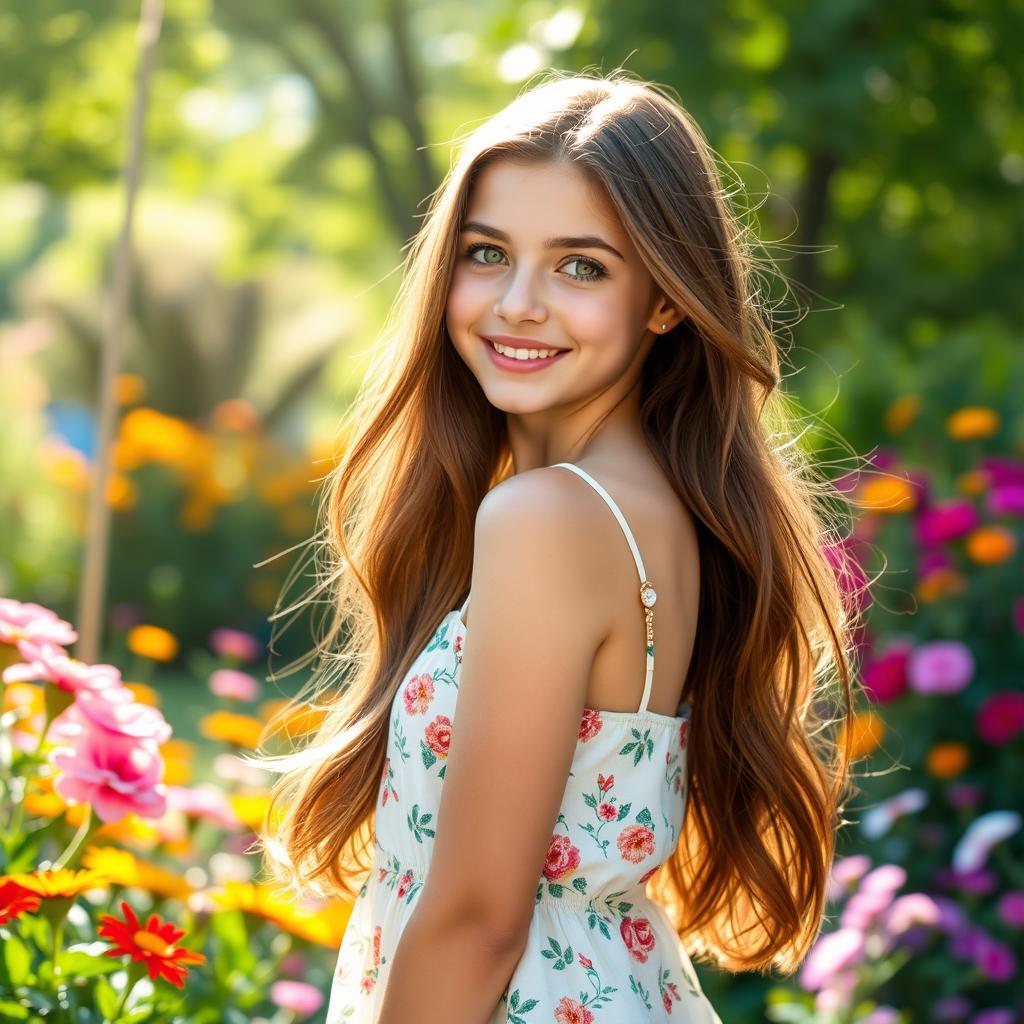 A beautiful 18-year-old brunette girl with long, flowing hair, standing outdoors in a sunlit garden filled with colorful blooming flowers