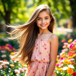 A beautiful 18-year-old brunette girl with long, flowing hair, standing outdoors in a sunlit garden filled with colorful blooming flowers