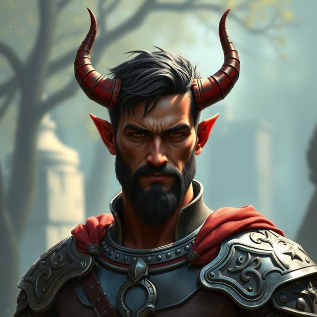 A thirty-year-old, big buffed male tiefling paladin with short dark hair and vibrant red skin