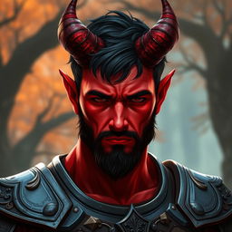 A thirty-year-old, big buffed male tiefling paladin with short dark hair and vibrant red skin