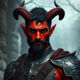 A thirty-year-old, big buffed male tiefling paladin with short dark hair and vibrant red skin