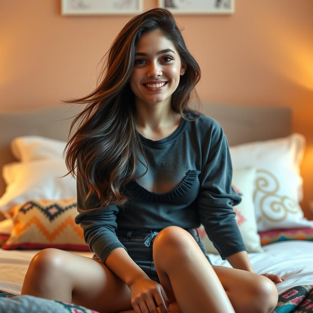 A beautiful 18-year-old brunette girl sitting on a bed, with a soft smile on her face, wearing a stylish, casual outfit