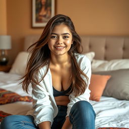 A beautiful 18-year-old brunette girl sitting on a bed, with a soft smile on her face, wearing a stylish, casual outfit