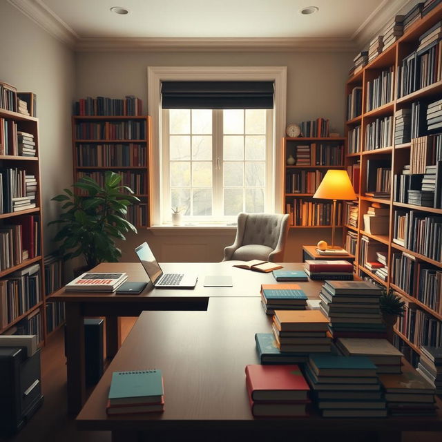 A serene, cozy study room filled with books, a large wooden desk with a laptop open, surrounded by colorful stationery and notebooks