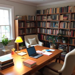 A serene, cozy study room filled with books, a large wooden desk with a laptop open, surrounded by colorful stationery and notebooks