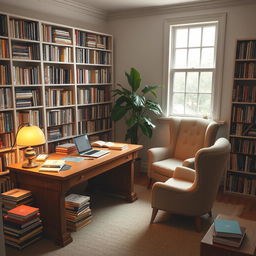 A serene, cozy study room filled with books, a large wooden desk with a laptop open, surrounded by colorful stationery and notebooks
