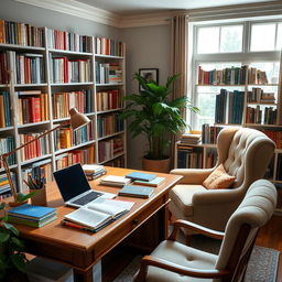A serene, cozy study room filled with books, a large wooden desk with a laptop open, surrounded by colorful stationery and notebooks
