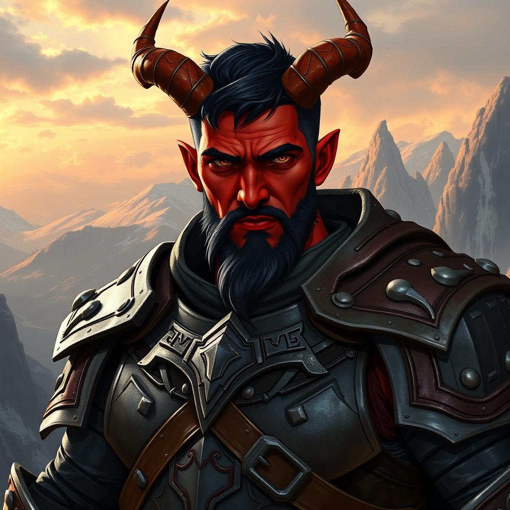 A thirty-year-old, big buffed male tiefling paladin with short dark hair and striking red skin