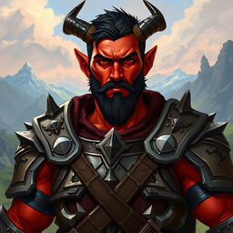 A thirty-year-old, big buffed male tiefling paladin with short dark hair and striking red skin