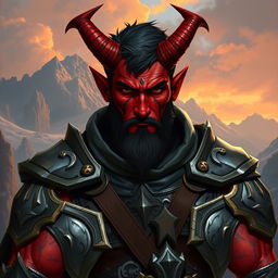 A thirty-year-old, big buffed male tiefling paladin with short dark hair and striking red skin