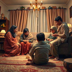 An intimate family scene inside a cozy living room, showcasing a family deeply engaged in religious discussion