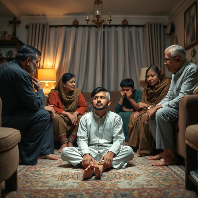 An intimate family scene inside a cozy living room, showcasing a family deeply engaged in religious discussion