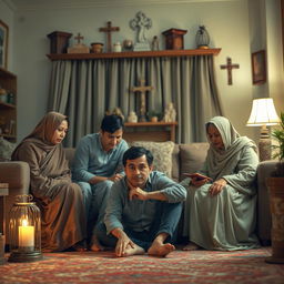 An intimate family scene inside a cozy living room, showcasing a family deeply engaged in religious discussion