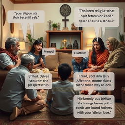 An intimate family scene inside a cozy living room, showcasing a family deeply engaged in religious discussion