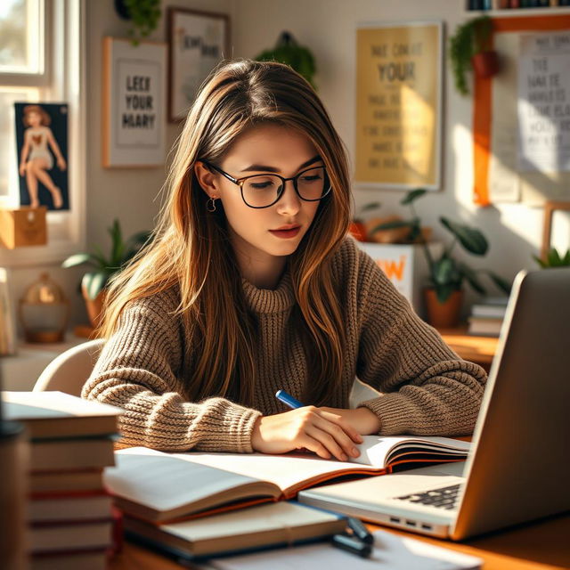 A young woman deeply focused on studying at a cozy desk, surrounded by a warm ambiance