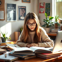 A young woman deeply focused on studying at a cozy desk, surrounded by a warm ambiance