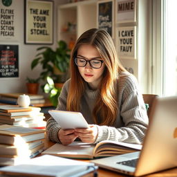 A young woman deeply focused on studying at a cozy desk, surrounded by a warm ambiance
