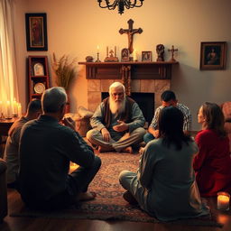 A family gathering in a warm, cozy living room, showcasing a religious atmosphere