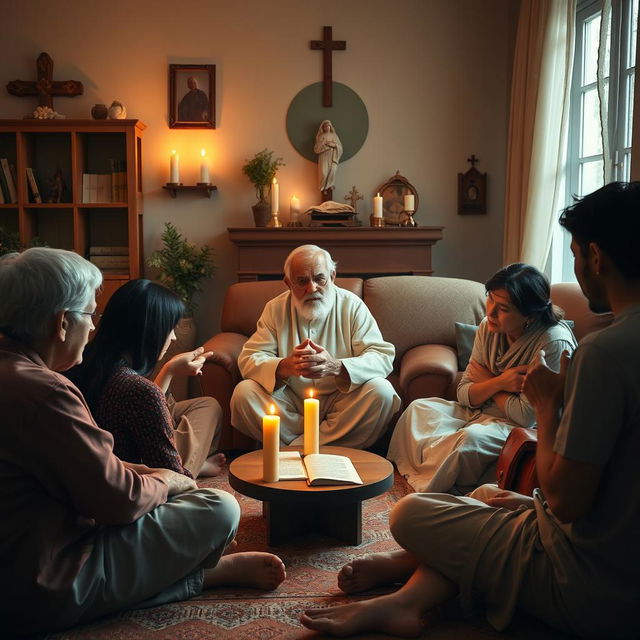 A family gathering in a warm, cozy living room, showcasing a religious atmosphere