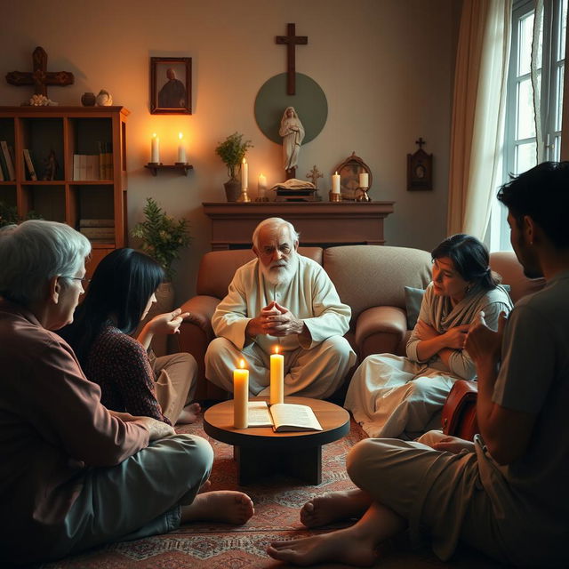 A family gathering in a warm, cozy living room, showcasing a religious atmosphere