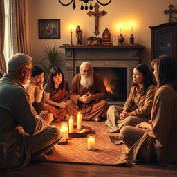 A family gathering in a warm, cozy living room, showcasing a religious atmosphere