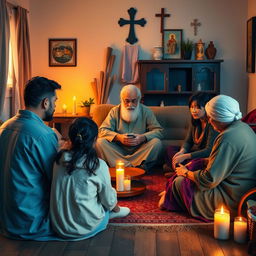 A family gathering in a warm, cozy living room, showcasing a religious atmosphere