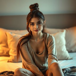 A beautiful 18-year-old brunette girl with long hair tied up, sitting on a bed