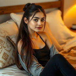 A beautiful 18-year-old brunette girl with long hair tied up, sitting on a bed