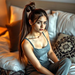 A beautiful 18-year-old brunette girl with long hair tied up, sitting on a bed