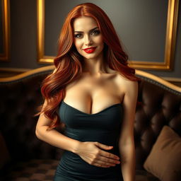 A stunningly beautiful woman with long flowing red hair, wearing a tight-fitting, glamorous black dress that highlights her curves
