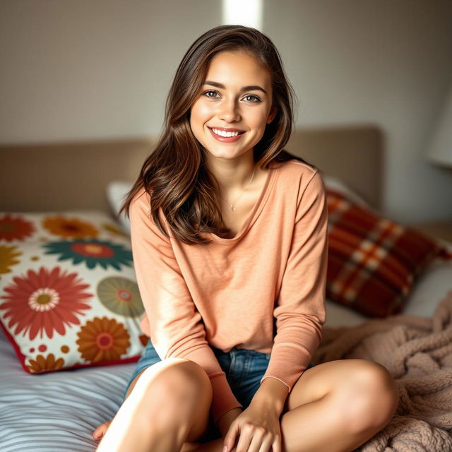 A pretty 18-year-old brunette girl sitting on a bed, with an engaging smile and bright eyes