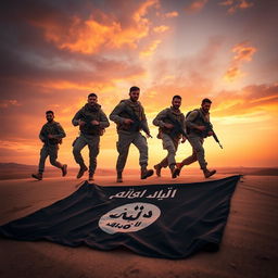 A group of courageous Iraqi soldiers walking confidently over an ISIS flag that is lying on the ground, symbolizing victory and resilience