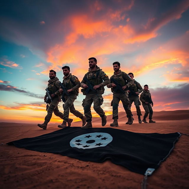 A group of courageous Iraqi soldiers walking confidently over an ISIS flag that is lying on the ground, symbolizing victory and resilience