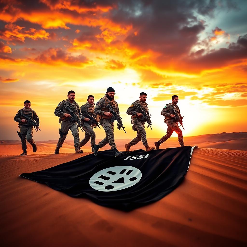 A group of courageous Iraqi soldiers walking confidently over an ISIS flag that is lying on the ground, symbolizing victory and resilience