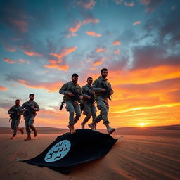 A group of courageous Iraqi soldiers walking confidently over an ISIS flag that is lying on the ground, symbolizing victory and resilience