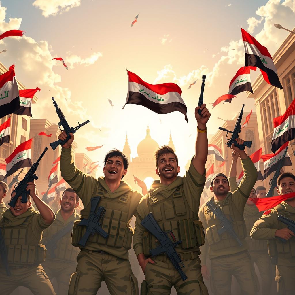 A powerful and heroic depiction of Iraqi forces celebrating a decisive victory over ISIS