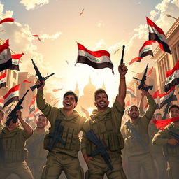 A powerful and heroic depiction of Iraqi forces celebrating a decisive victory over ISIS
